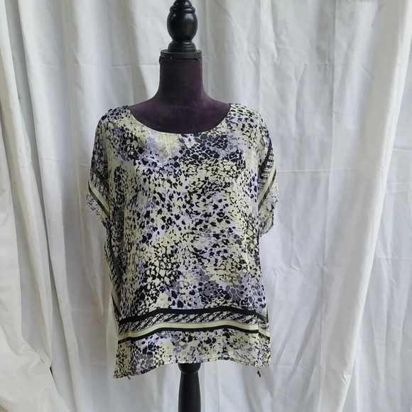 Dana Buchman Black Yellow Gray Design Chiffon Short Sleeve Top Sheer XS - Picture 1 of 9